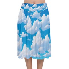 Sky Clouds Blue Cartoon Animated Velvet Flared Midi Skirt by Bangk1t