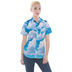 Sky Clouds Blue Cartoon Animated Women s Short Sleeve Pocket Shirt