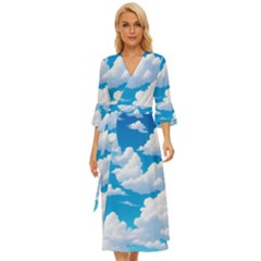 Sky Clouds Blue Cartoon Animated Midsummer Wrap Dress