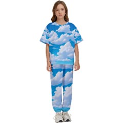 Sky Clouds Blue Cartoon Animated Kids  T-shirt And Pants Sports Set by Bangk1t