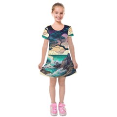 Tree Wave Ocean Kids  Short Sleeve Velvet Dress