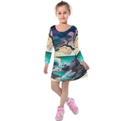 Tree Wave Ocean Kids  Long Sleeve Velvet Dress