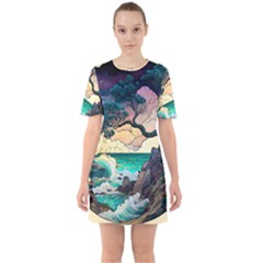 Tree Wave Ocean Sixties Short Sleeve Mini Dress