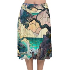 Tree Wave Ocean Velvet Flared Midi Skirt by Bangk1t