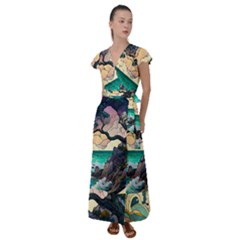 Tree Wave Ocean Flutter Sleeve Maxi Dress by Bangk1t