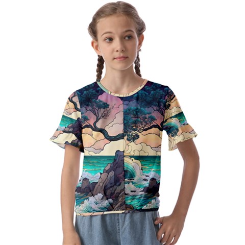 Tree Wave Ocean Kids  Cuff Sleeve Scrunch Bottom T-shirt by Bangk1t