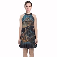 Forest Mushroom Wood Velvet Halter Neckline Dress 