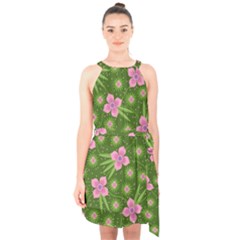 Pink Flower Background Pattern Halter Collar Waist Tie Chiffon Dress by Ravend