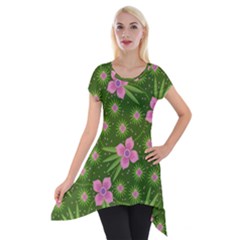 Pink Flower Background Pattern Short Sleeve Side Drop Tunic by Ravend