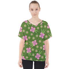 Pink Flower Background Pattern V-neck Dolman Drape Top by Ravend