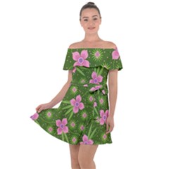 Pink Flower Background Pattern Off Shoulder Velour Dress by Ravend