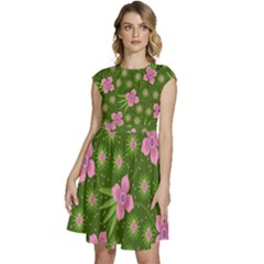 Pink Flower Background Pattern Cap Sleeve High Waist Dress