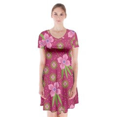 Flower Background Pattern Pink Short Sleeve V-neck Flare Dress by Ravend