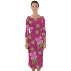 Flower Background Pattern Pink Quarter Sleeve Midi Bodycon Dress by Ravend