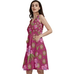 Flower Background Pattern Pink Sleeveless V-neck Skater Dress With Pockets by Ravend