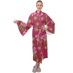 Flower Background Pattern Pink Maxi Velvet Kimono by Ravend