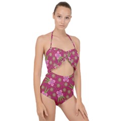 Flower Background Pattern Pink Scallop Top Cut Out Swimsuit