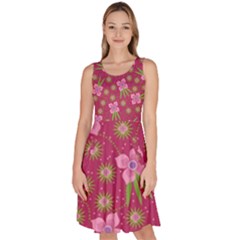 Flower Background Pattern Pink Knee Length Skater Dress With Pockets