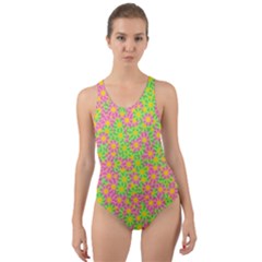 Pink Flower Background Green Pattern Cut-Out Back One Piece Swimsuit