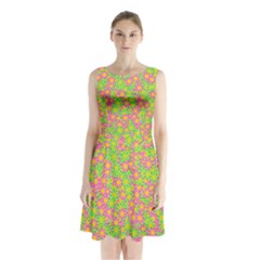 Pink Flower Background Green Pattern Sleeveless Waist Tie Chiffon Dress