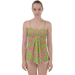 Pink Flower Background Green Pattern Babydoll Tankini Top by Ravend