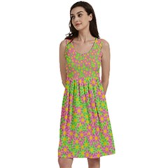 Pink Flower Background Green Pattern Classic Skater Dress by Ravend