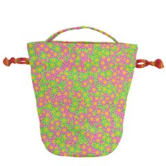 Pink Flower Background Green Pattern Drawstring Bucket Bag