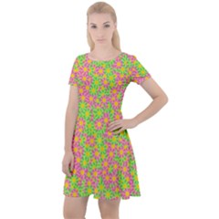 Pink Flower Background Green Pattern Cap Sleeve Velour Dress 