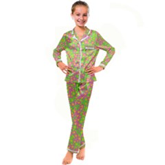 Pink Flower Background Green Pattern Kids  Satin Long Sleeve Pajamas Set