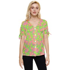Pink Flower Background Green Pattern Bow Sleeve Button Up Top