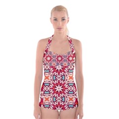 Geometric Pattern Seamless Abstract Boyleg Halter Swimsuit 