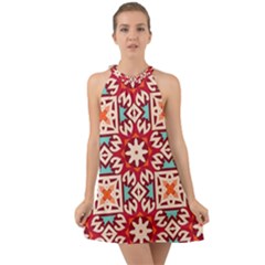 Geometric Pattern Seamless Abstract Halter Tie Back Chiffon Dress