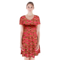 Geometry Background Red Rectangle Pattern Short Sleeve V-neck Flare Dress by Ravend