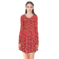 Geometry Background Red Rectangle Pattern Long Sleeve V-neck Flare Dress