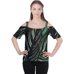 Calathea Leaves Strippe Line Cutout Shoulder T-shirt