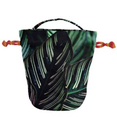 Calathea Leaves Strippe Line Drawstring Bucket Bag