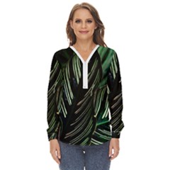 Calathea Leaves Strippe Line Zip Up Long Sleeve Blouse