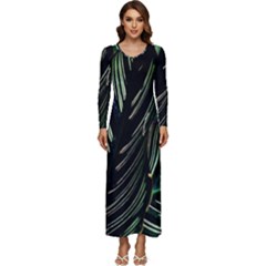 Calathea Leaves Strippe Line Long Sleeve Longline Maxi Dress