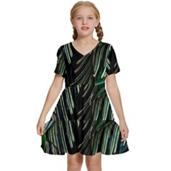 Calathea Leaves Strippe Line Kids  Short Sleeve Tiered Mini Dress