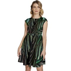 Calathea Leaves Strippe Line Cap Sleeve High Waist Dress