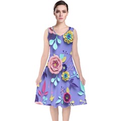 3d Flowers Pattern Flora Background V-neck Midi Sleeveless Dress 