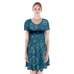 Space Seamless Pattern Short Sleeve V-neck Flare Dress by Bedest