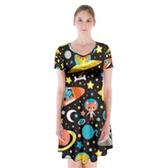 Space Pattern Short Sleeve V-neck Flare Dress by Bedest