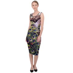 Japanese Painting Flower Peacock Sleeveless Pencil Dress by Bedest