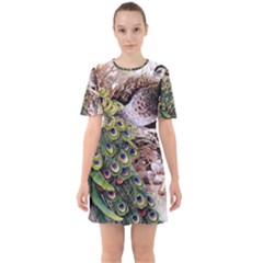 Japanese Painting Flower Peacock Sixties Short Sleeve Mini Dress by Bedest