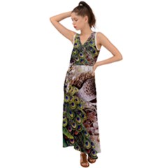 Japanese Painting Flower Peacock V-neck Chiffon Maxi Dress