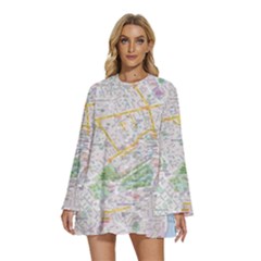 London City Map Round Neck Long Sleeve Bohemian Style Chiffon Mini Dress by Bedest