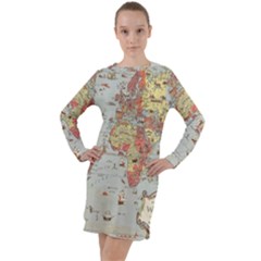 Vintage Old Antique World Map Long Sleeve Hoodie Dress