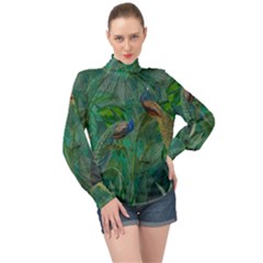 Peacock Paradise Jungle High Neck Long Sleeve Chiffon Top