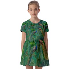 Peacock Paradise Jungle Kids  Short Sleeve Pinafore Style Dress